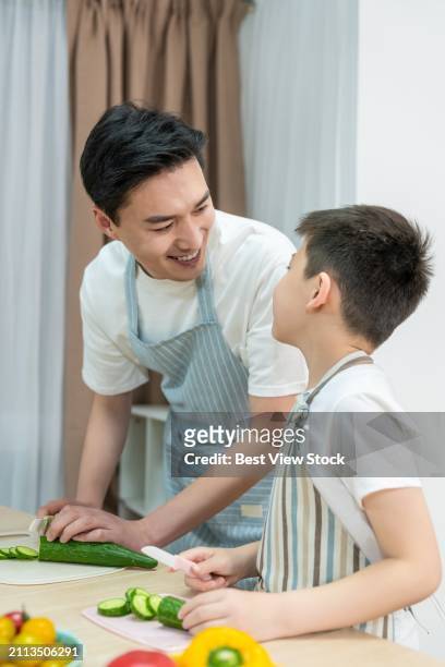happy young father and son in the kitchen - egs stockfoto's en -beelden