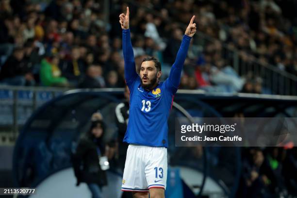 Rayan Cherki of France reacts during the U23 international friendly match between France U23 and USA U23 at Stade Auguste Bonal on March 25, 2024 in...