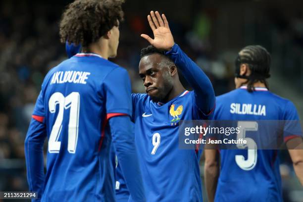 Arnaud Kalimuendo of France celebrates his goal during the U23 international friendly match between France U23 and USA U23 at Stade Auguste Bonal on...