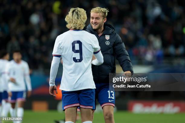 Duncan McGuire of USA salutes Cade Cowell of USA following the U23 international friendly match between France U23 and USA U23 at Stade Auguste Bonal...