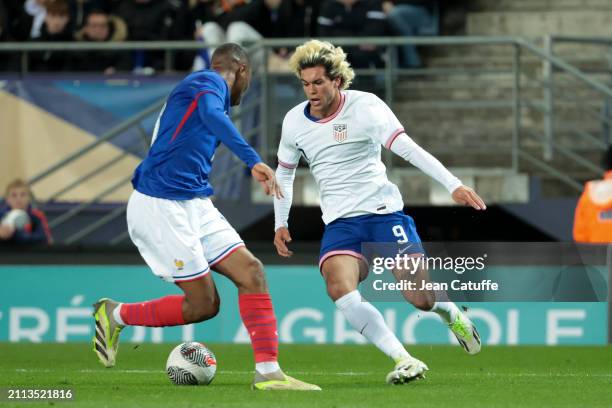 Cade Cowell of USA in action during the U23 international friendly match between France U23 and USA U23 at Stade Auguste Bonal on March 25, 2024 in...