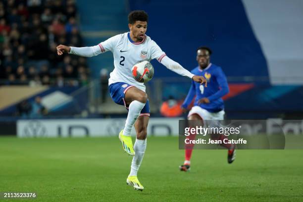 Nathan Harriel of USA in action during the U23 international friendly match between France U23 and USA U23 at Stade Auguste Bonal on March 25, 2024...