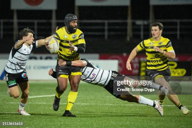 Leo CARBONNEAU of CA Brives Nacani WAKAYA of Stade Montois and Jules EVEN of Stade Montois during the Pro D2 match between Mont-de-Marsan and Brive...