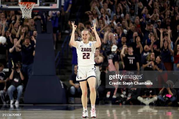 Brynna Maxwell of the Gonzaga Bulldogs reacts after her three point basket against the Utah Utes in the second round of the NCAA Women's Basketball...