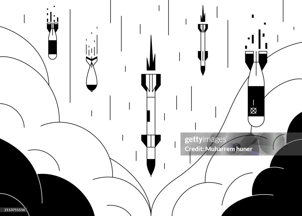 War concept vector illustration with explosions, bombs, rockets and missiles.