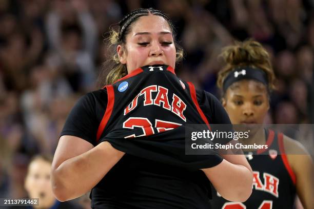 Alissa Pili of the Utah Utes reacts after losing against the Gonzaga Bulldogs in the second round of the NCAA Women's Basketball Tournament at...