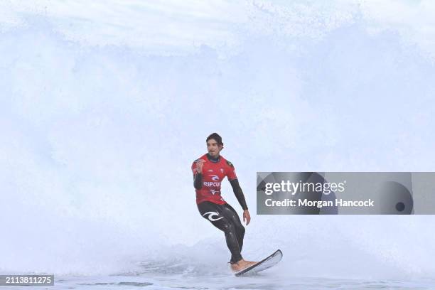 Gabriel Medina of Brazil reacts in their first heat during the 2024 Rip Curl Pro Bells Beach on March 26, 2024 in Bells Beach, Australia.