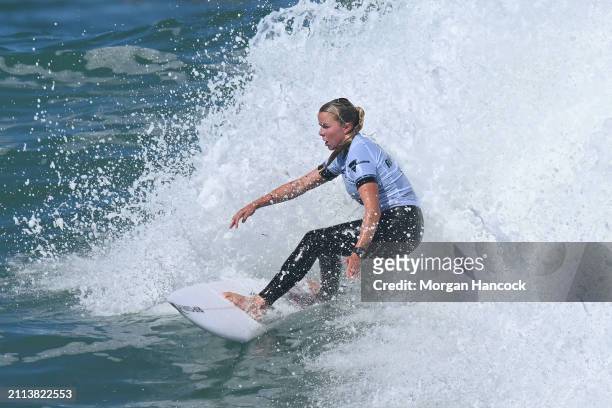 Ellie Harrison of Australia surfs in their first heat during the 2024 Rip Curl Pro Bells Beach on March 26, 2024 in Bells Beach, Australia.