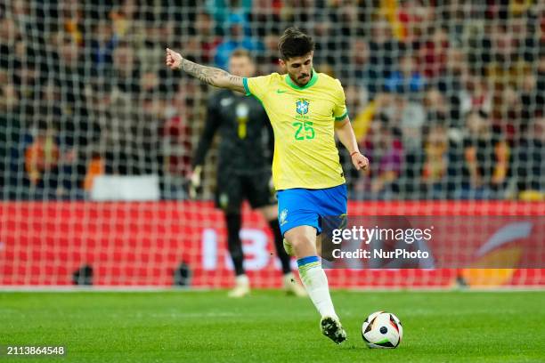 Lucas Beraldo Centre-Back of Brazil and Paris Saint-Germain during the friendly match between Spain and Brazil at Estadio Santiago Bernabeu on March...