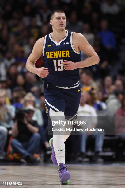 Nikola Jokic of the Denver Nuggets plays the Memphis Grizzlies in the first quarter at Ball Arena on March 25, 2024 in Denver, Colorado. NOTE TO...