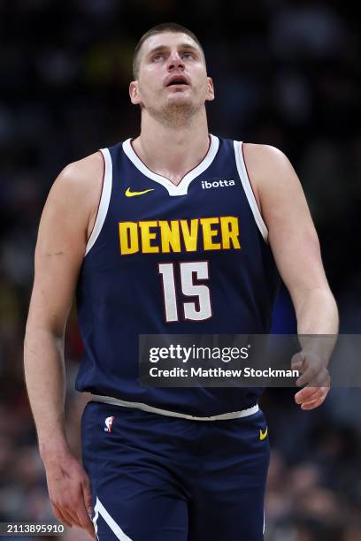 Nikola Jokic of the Denver Nuggets plays the Memphis Grizzlies in the first quarter at Ball Arena on March 25, 2024 in Denver, Colorado. NOTE TO...