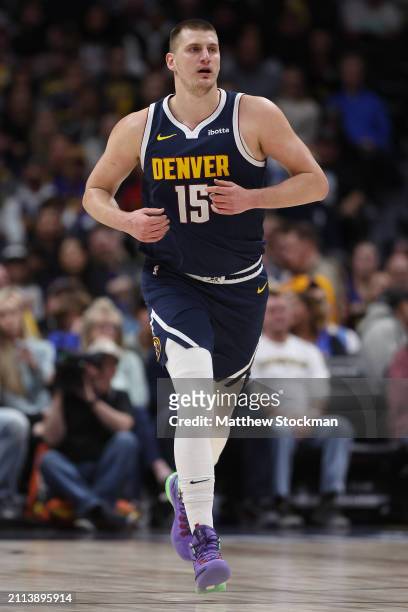 Nikola Jokic of the Denver Nuggets plays the Memphis Grizzlies in the first quarter at Ball Arena on March 25, 2024 in Denver, Colorado. NOTE TO...