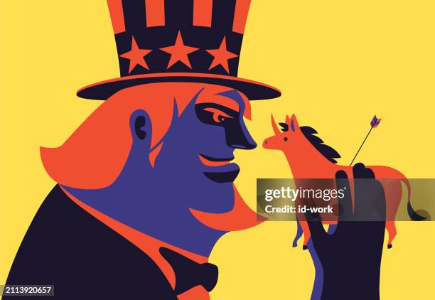 uncle sam holding unicorn - catching fire stock illustrations