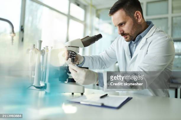 young male chemist adjusting his sample on a microscope in laboratory. - genetic research stock pictures, royalty-free photos & images