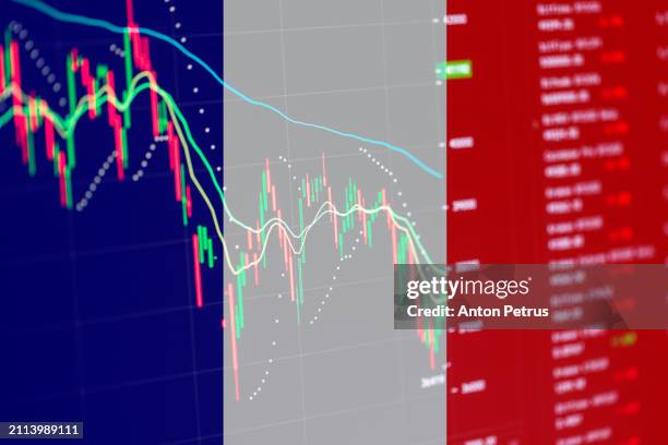 france flag on the background of stock charts. - france stock pictures, royalty-free photos & images