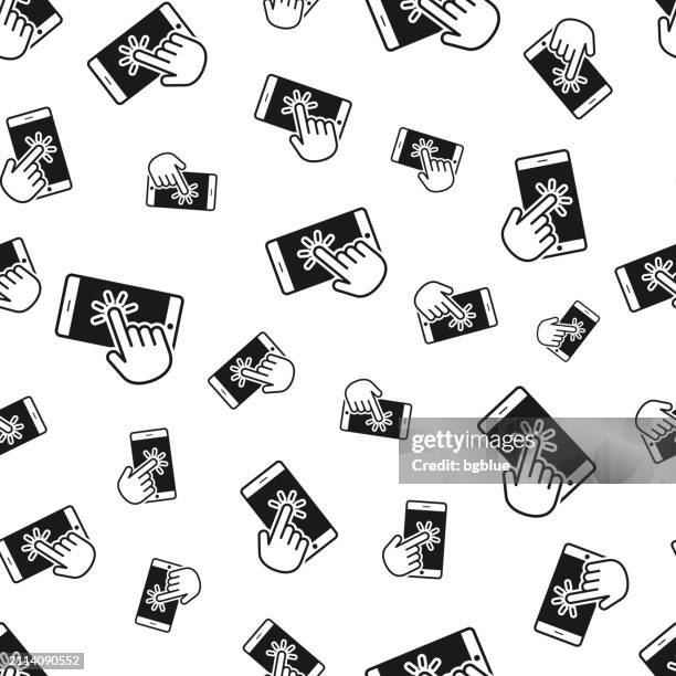 hand touch screen smartphone. seamless pattern. icons on white background - hand tapping tablet stock illustrations