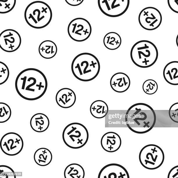 12+ twelve plus sign - age restriction. seamless pattern. icons on white background - rounded plus sign background stock illustrations