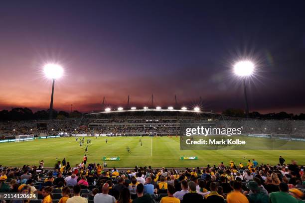 General view as players warm up ahead of the FIFA World Cup 2026 Qualifier match between Australia Socceroos and Lebanon at GIO Stadium on March 26,...