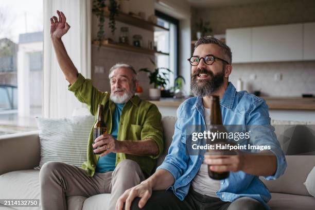 son and older father watching football in tv, drinking beer and enjoying exciting, dramatic match. father’s day, family and spending time together. - ice hockey celebration stock pictures, royalty-free photos & images