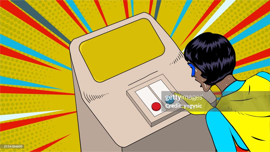 Sweating Button Choice Vector Pop Art Sweating African American Female Superhero Choosing ...