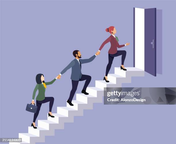 business-team-klettern. führung, wachstum, einheit. geschäftsleute helfen sich gegenseitig, ihre ziele zu erreichen. öffnen sie die tür zu lösungen für die geschäftsstrategie. - klettern stock-grafiken, -clipart, -cartoons und -symbole