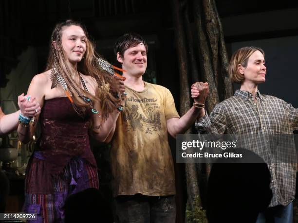 Ella Beatty , Michael Esper and Sarah Paulson during the curtain call as the new play "Appropriate" re-opens on Broadway at The Belasco Theatre on...