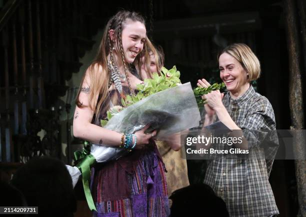 Ella Beatty making her broadway debut and Sarah Paulson during the curtain call as the new play "Appropriate" re-opens on Broadway at The Belasco...