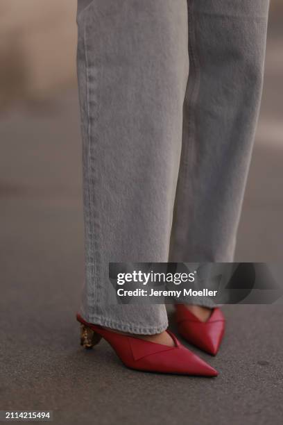Karin Teigl seen wearing Agolde light grey denim straight leg pants and Zara red leather pumps / heels, on March 23, 2024 in Munich, Germany.