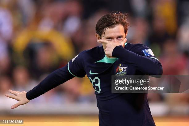Craig Goodwin of Australia celebrates after kicking a goal during the FIFA World Cup 2026 Qualifier match between Australia Socceroos and Lebanon at...
