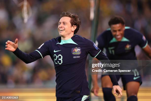 Craig Goodwin of Australia celebrates after kicking a goal during the FIFA World Cup 2026 Qualifier match between Australia Socceroos and Lebanon at...