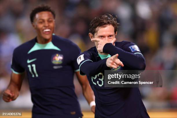 Craig Goodwin of Australia celebrates after kicking a goal during the FIFA World Cup 2026 Qualifier match between Australia Socceroos and Lebanon at...