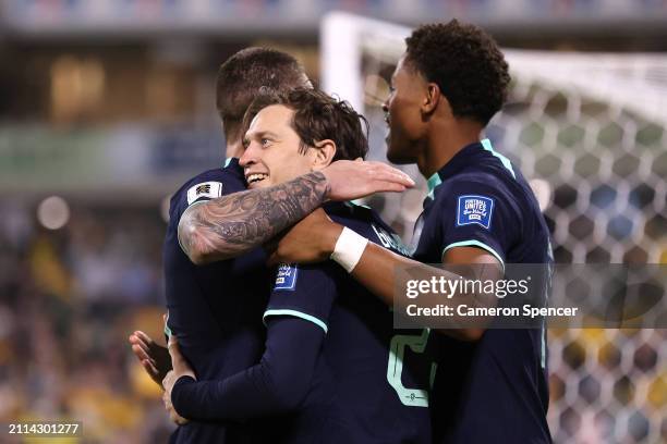 Craig Goodwin of Australia celebrates after kicking a goal during the FIFA World Cup 2026 Qualifier match between Australia Socceroos and Lebanon at...