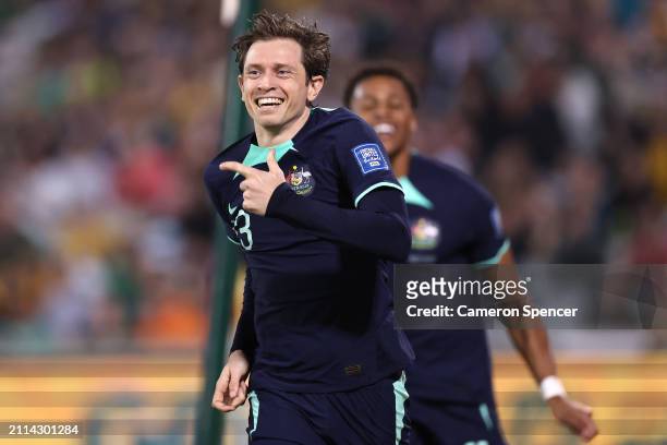Craig Goodwin of Australia celebrates after kicking a goal during the FIFA World Cup 2026 Qualifier match between Australia Socceroos and Lebanon at...