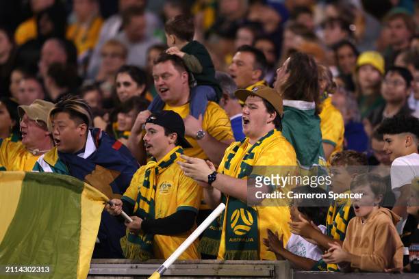 Socceroo fans show their support during the FIFA World Cup 2026 Qualifier match between Australia Socceroos and Lebanon at GIO Stadium on March 26,...