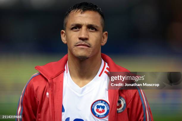 Alexis Sanchez of Chile looks on during the line up prior to the International Friendly match between Albania and Chile at Stadio Ennio Tardini on...