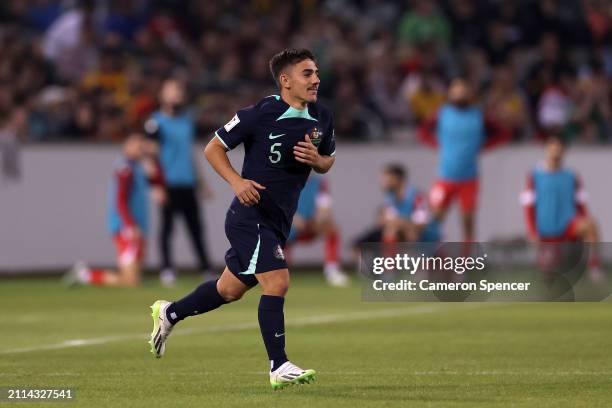 Josh Nisbet of Australia runs onto the field in his debut during the FIFA World Cup 2026 Qualifier match between Australia Socceroos and Lebanon at...