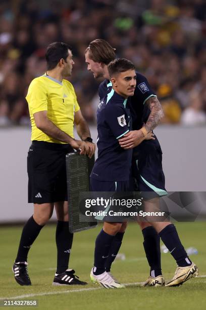 Josh Nisbet of Australia runs onto the field in his debut during the FIFA World Cup 2026 Qualifier match between Australia Socceroos and Lebanon at...