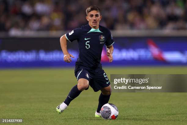 Josh Nisbet of Australia controls the ball during the FIFA World Cup 2026 Qualifier match between Australia Socceroos and Lebanon at GIO Stadium on...