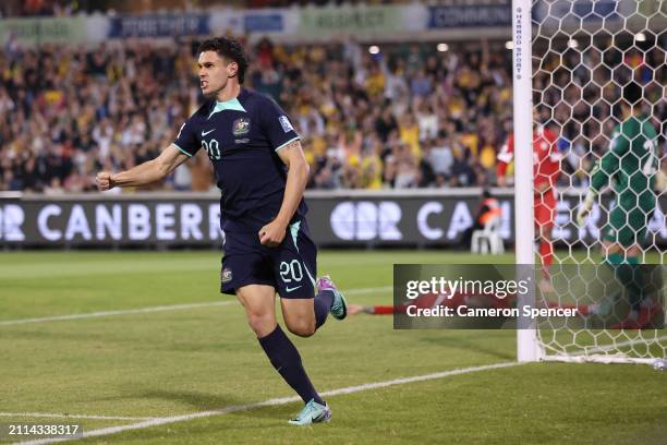 John Iredale of Australia celebrates scoring a goal during the FIFA World Cup 2026 Qualifier match between Australia Socceroos and Lebanon at GIO...