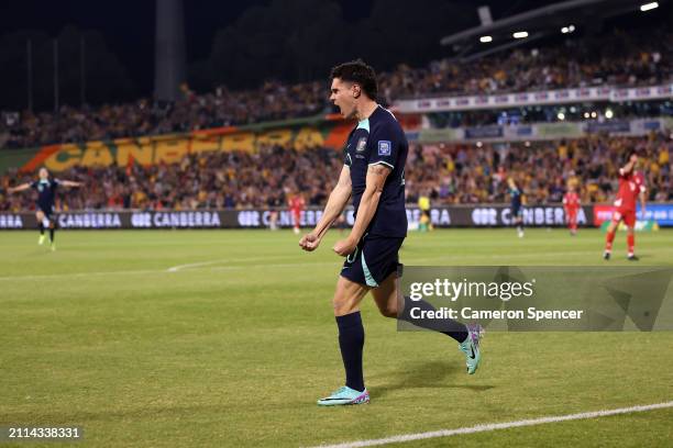 John Iredale of Australia celebrates scoring a goal during the FIFA World Cup 2026 Qualifier match between Australia Socceroos and Lebanon at GIO...