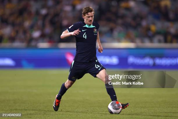 Kye Rowles of Australia controls the ball during the FIFA World Cup 2026 Qualifier match between Australia Socceroos and Lebanon at GIO Stadium on...