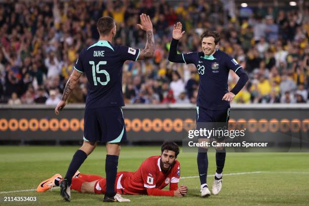 Craig Goodwin of Australia celebrates scoring his second goal during the FIFA World Cup 2026 Qualifier match between Australia Socceroos and Lebanon...