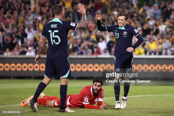 Craig Goodwin of Australia celebrates scoring his second goal during the FIFA World Cup 2026 Qualifier match between Australia Socceroos and Lebanon...