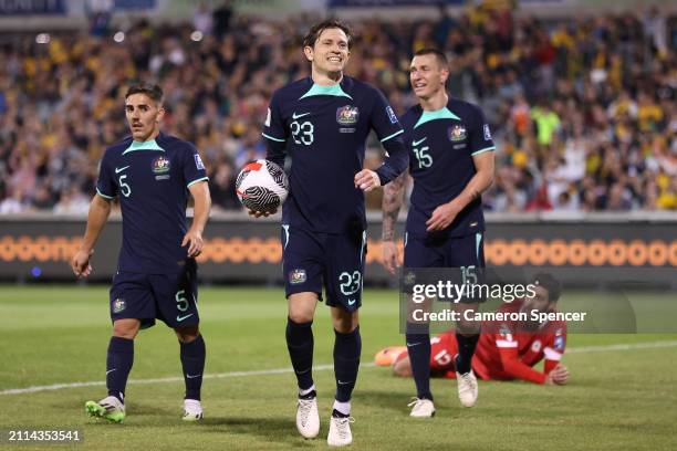 Craig Goodwin of Australia celebrates scoring his second goal during the FIFA World Cup 2026 Qualifier match between Australia Socceroos and Lebanon...