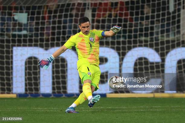 Claudio Bravo of Chile clears the ball upfield during the International Friendly match between Albania and Chile at Stadio Ennio Tardini on March 22,...