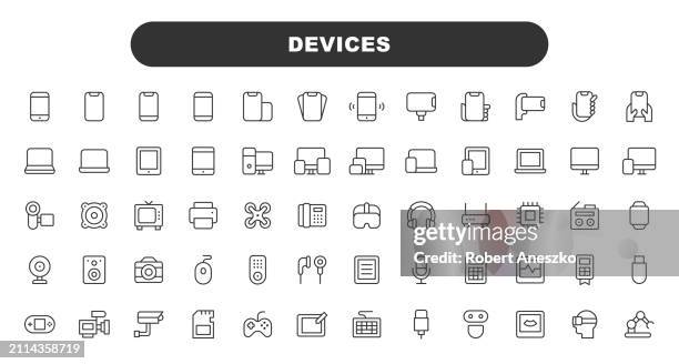devices line icons. editable stroke. pixel perfect. for mobile and web. contains such icons as camera, computer, database, laptop, monitor, pc, smartphone, mouse, speaker. - fernbedienung stock-grafiken, -clipart, -cartoons und -symbole