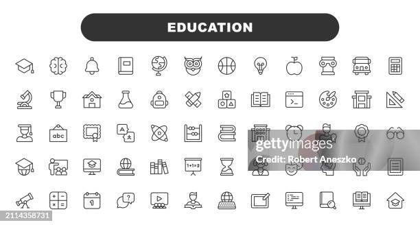 illustrazioni stock, clip art, cartoni animati e icone di tendenza di icone della linea education. tratto modificabile. contiene icone come libro, arte, scuola, programmazione, matematica, atomo, apprendimento, occhiali. - occhiali da lettura