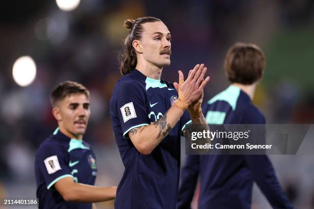 Jackson Irvine of Australia thanks the crowd after the FIFA World Cup 2026 Qualifier match between Australia Socceroos and Lebanon at GIO Stadium on...