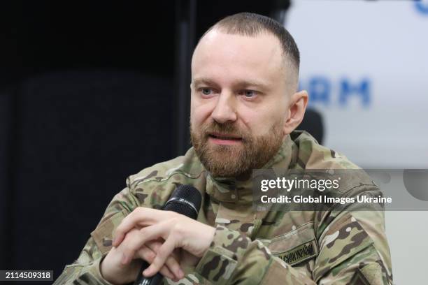 Operator, volunteer of the Freedom of Russia Legion, Oleksiy Baranovskyi (call sign 'Lyutik' speaks during a press conference on the Limited military...