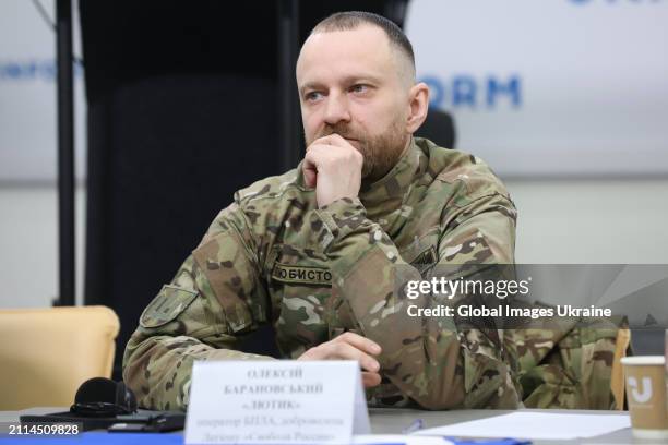 Operator, volunteer of the Freedom of Russia Legion, Oleksiy Baranovskyi (call sign 'Lyutik' attends a press conference on the Limited military...